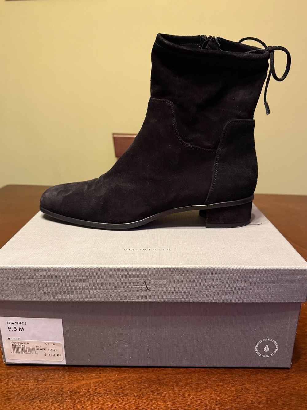 Aquatalia Black Suede Tie-Back Ankle Booties